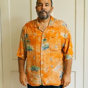 Citron Santa Monica Button Up Shirt Mens Large Orange Tropical Scene Beachy Boho